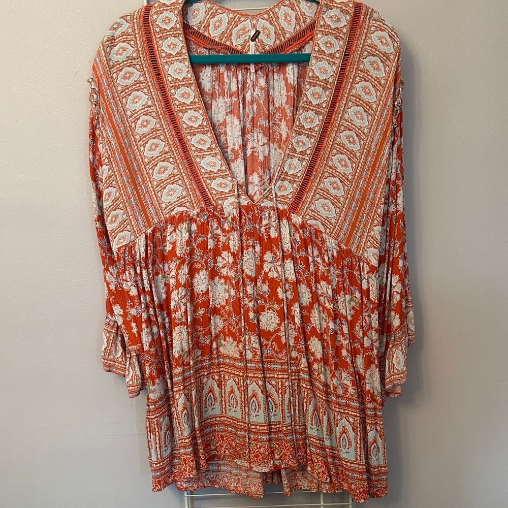 Free People Orange Floral Boho V-Neck Tunic